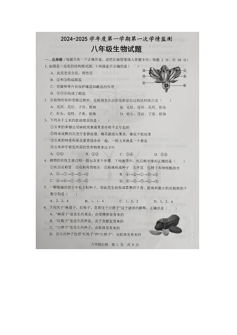 山东省济宁市金乡县2024-2025学年八年级上学期10月份月考生物试题第1页
