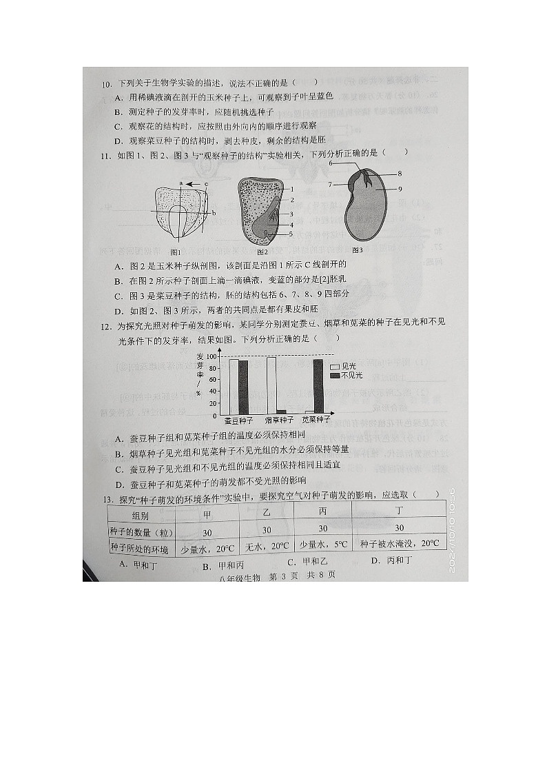 山东省济宁市金乡县2024-2025学年八年级上学期10月份月考生物试题第3页