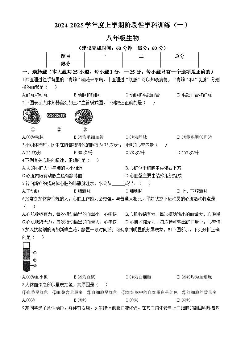 陕西省渭南市蒲城县2024-2025年八年级上学期第一次月考生物试题(无答案)第1页