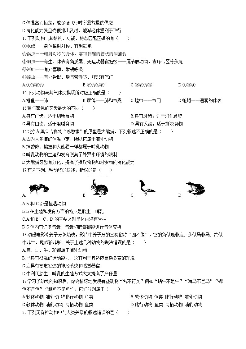 山东省临沂市兰山区多校2024-2025学年八年级上学期9月份月考生物试题(无答案)第2页