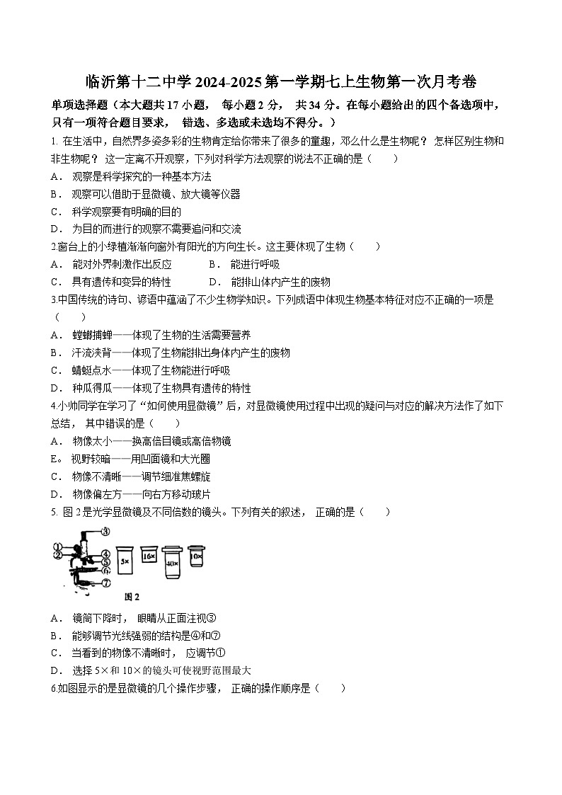 山东省临沂市兰山区第十二中学2024-2025学年七年级上学期10月份月考生物试题(无答案)01