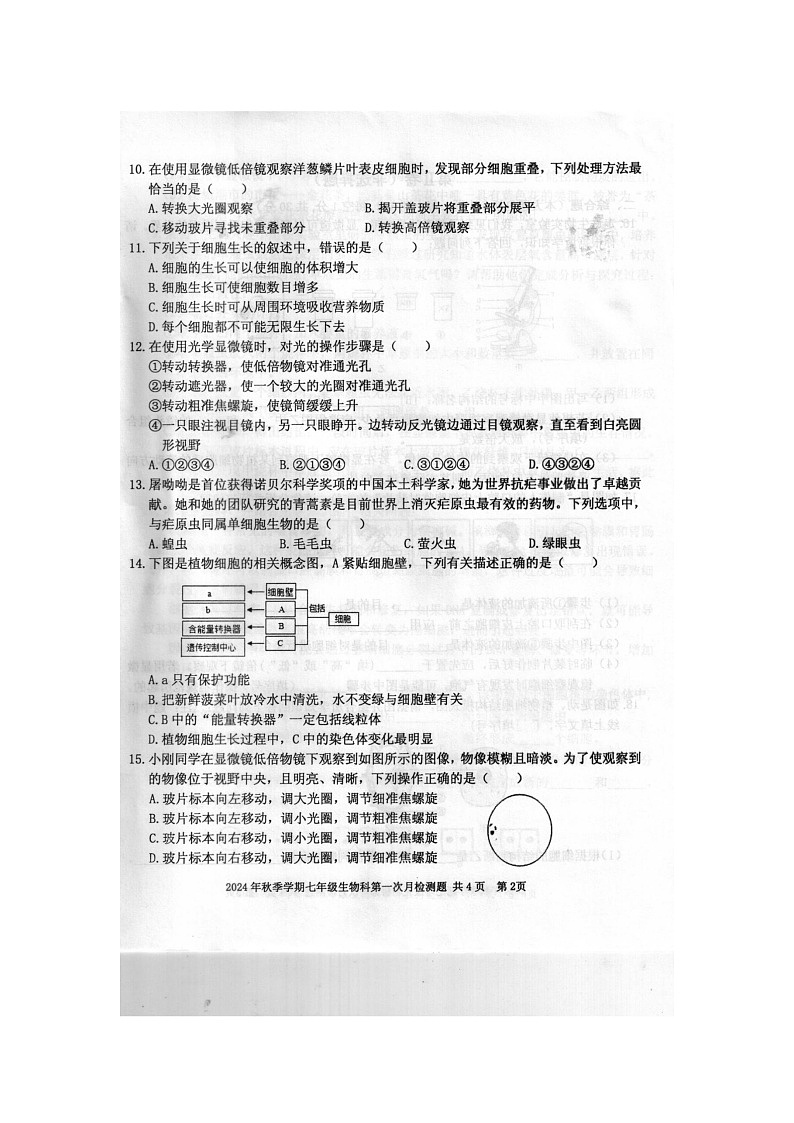 2024年秋广西防城港市防城区七年级生物科第一次月考检测题（扫描版含答案）02