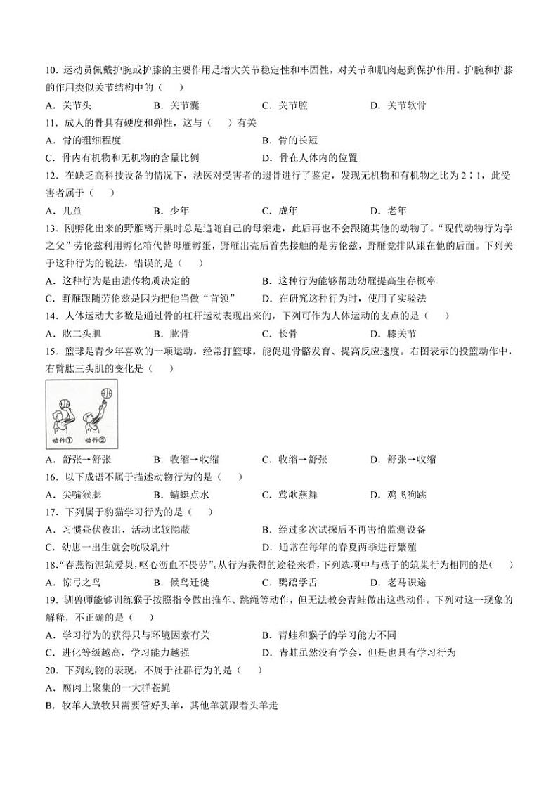 [生物]河南省安阳市滑县2024～2025学年八年级上学期10月月考试题(有答案)第2页