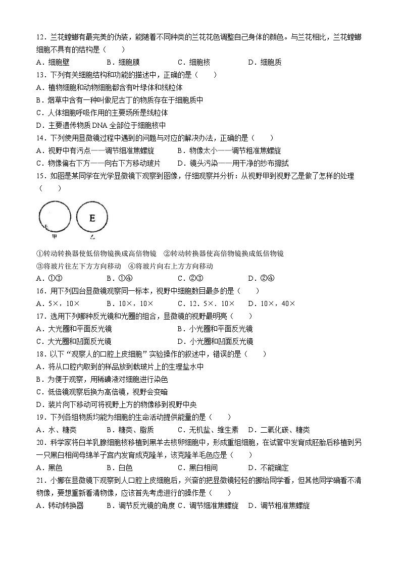 河南省南阳市宛城区2024-2025学年七年级上学期第一次月考生物试卷(无答案)02