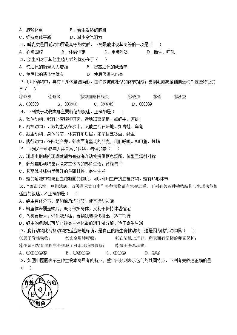 安徽省六安市金安区六安皋城中学2024-2025学年八年级上学期10月月考生物试题02