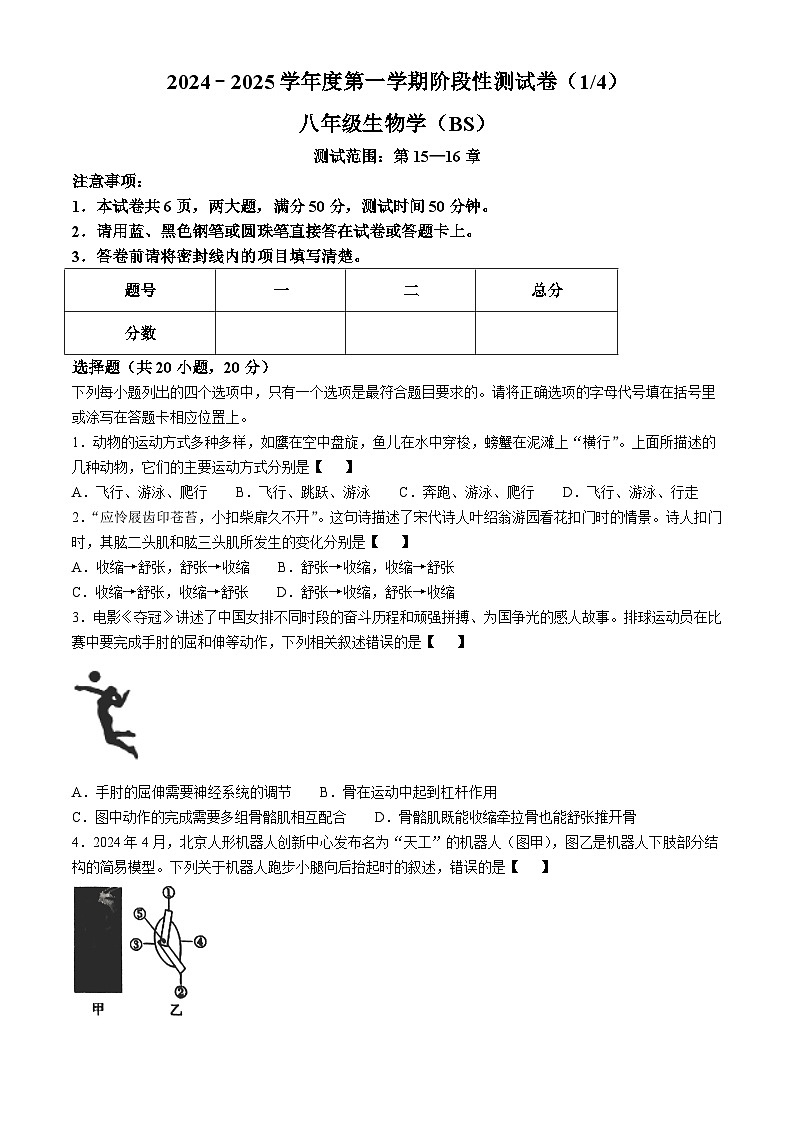 河南省驻马店市确山县部分中学2024-2025学年八年级上学期10月月考生物试题第1页