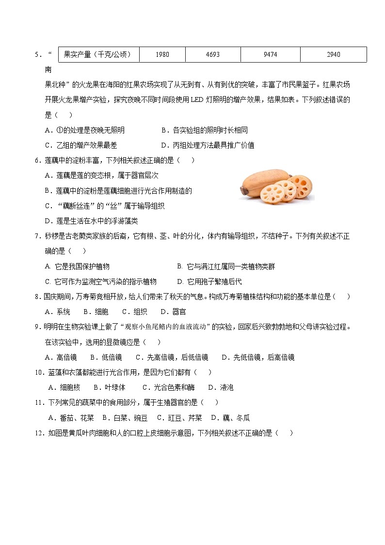 苏教版（2024新版）七年级上册生物期中学情调研测试卷（含答案）第2页