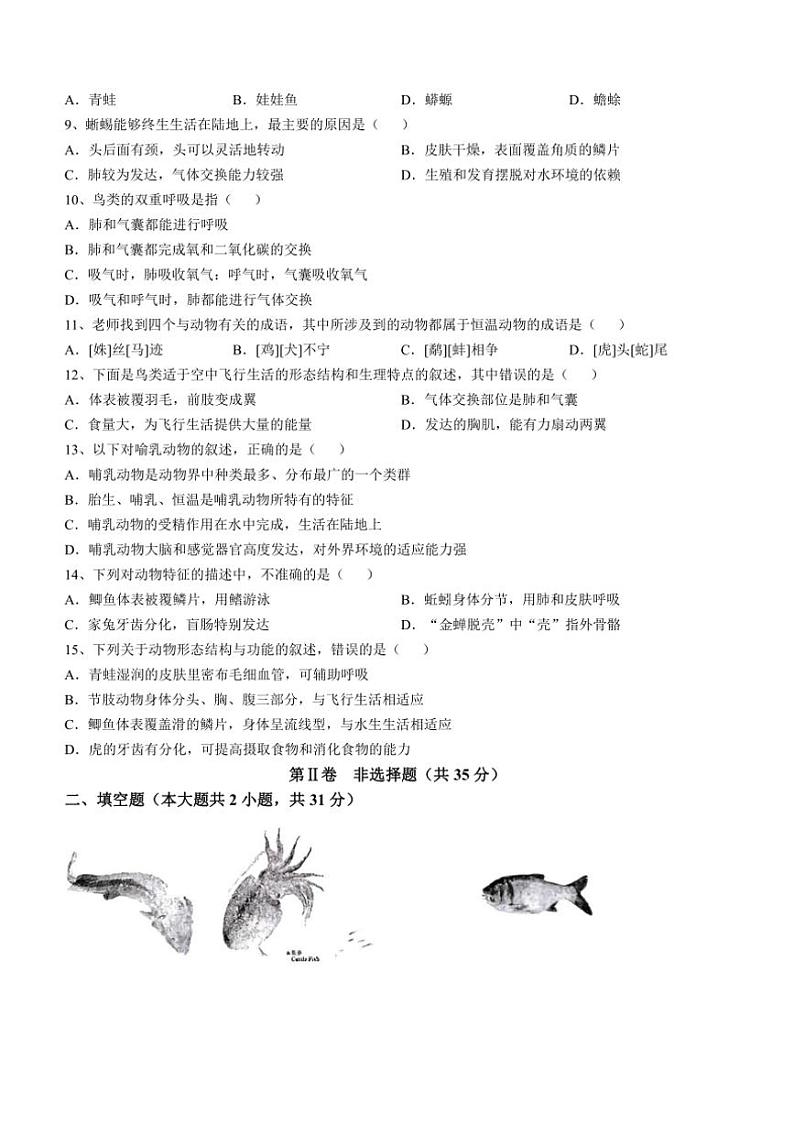 [生物]山西省大同市第一中学校2024～2025学年八年级上学期10月月考试题(有答案)第2页
