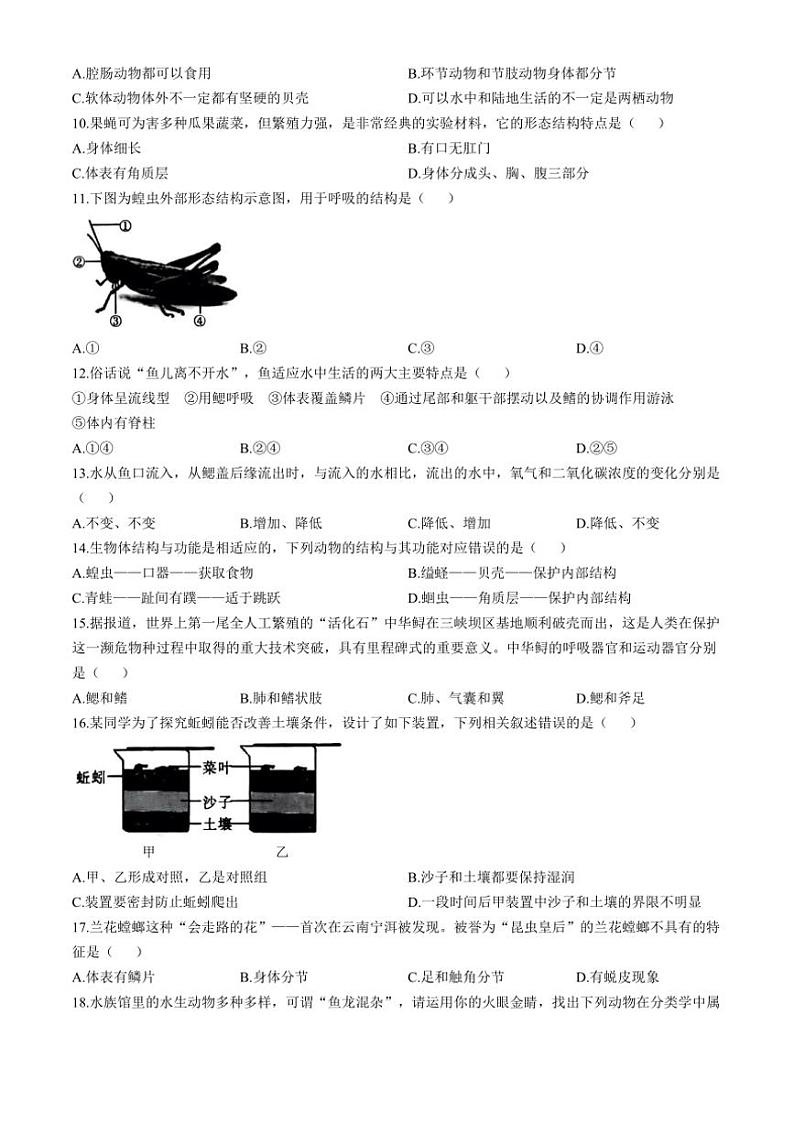 [生物]江西省鹰潭市余江区正源学校2024～2025学年八年级上学期10月月考试题(有答案)第2页