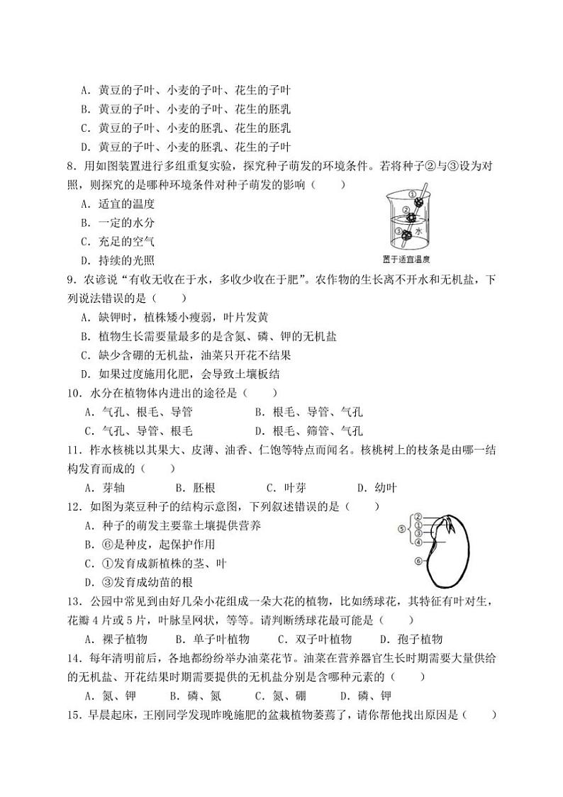[生物]广西防城港市上思县2024～2025学年八年级上学期学习成果监测(一)月考(有答案)第2页