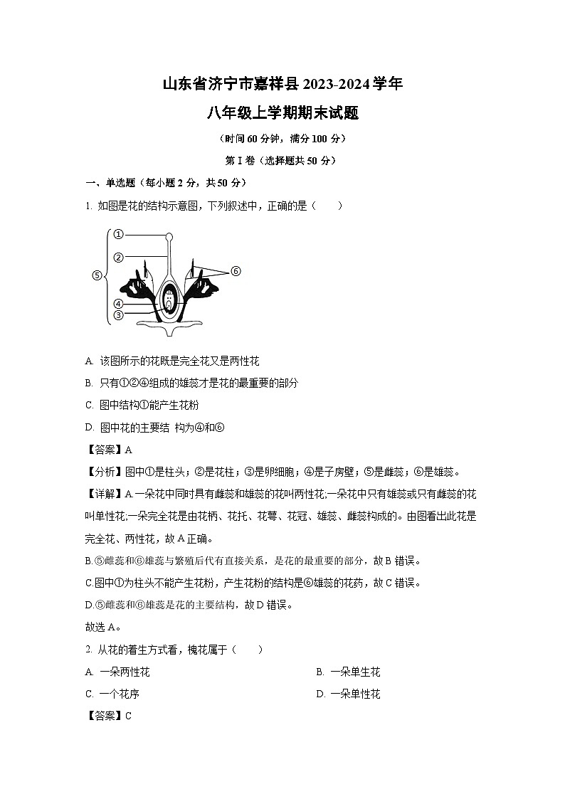 [生物][期末][期末]山东省济宁市嘉祥县2023-2024学年八年级上学期期末试题(解析版)第1页