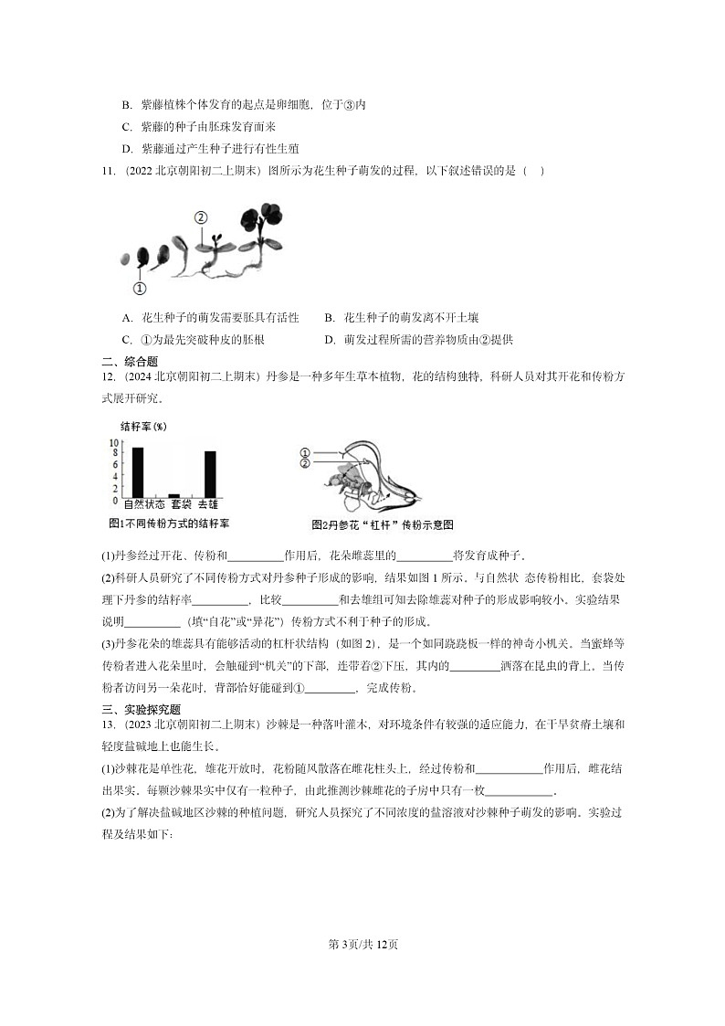 [生物]2022～2024北京重点校初二上学期期末真题分类汇编：绿色开花植物的生殖和发育(京改版)第3页