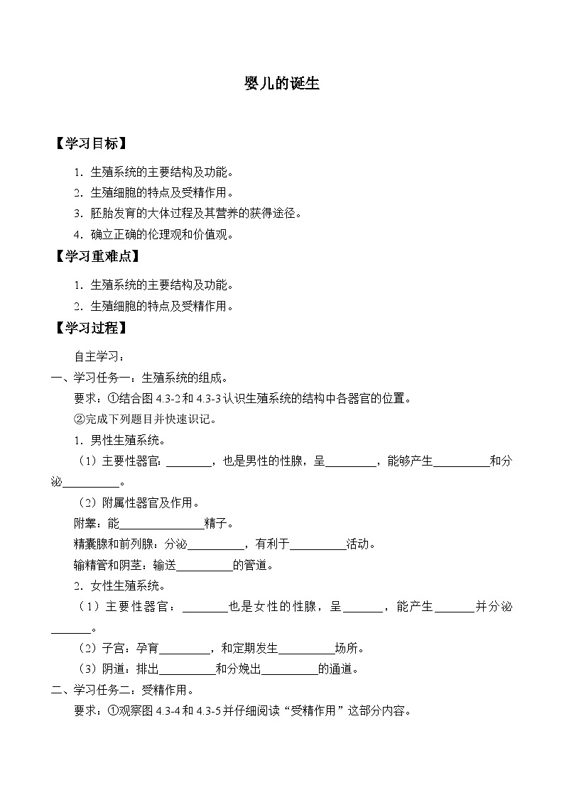 济南版生物八年级上册 婴儿的诞生_学案101