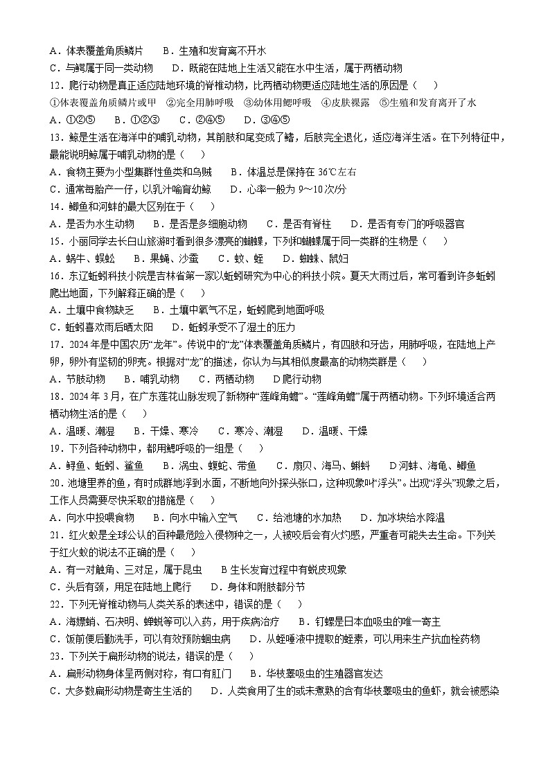 广东省河源市龙川县2024-2025学年八年级上学期第一次月考生物试题(无答案)02