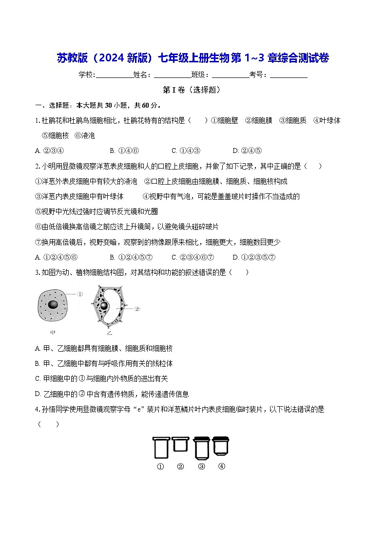 苏教版（2024新版）七年级上册生物第1~3章综合测试卷（含答案解析）01