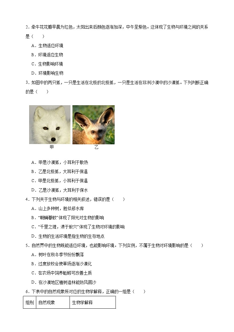2.2 生物对环境的适应和影响-2024-2025学年七年级上册生物同步练习（苏科版2024）第3页