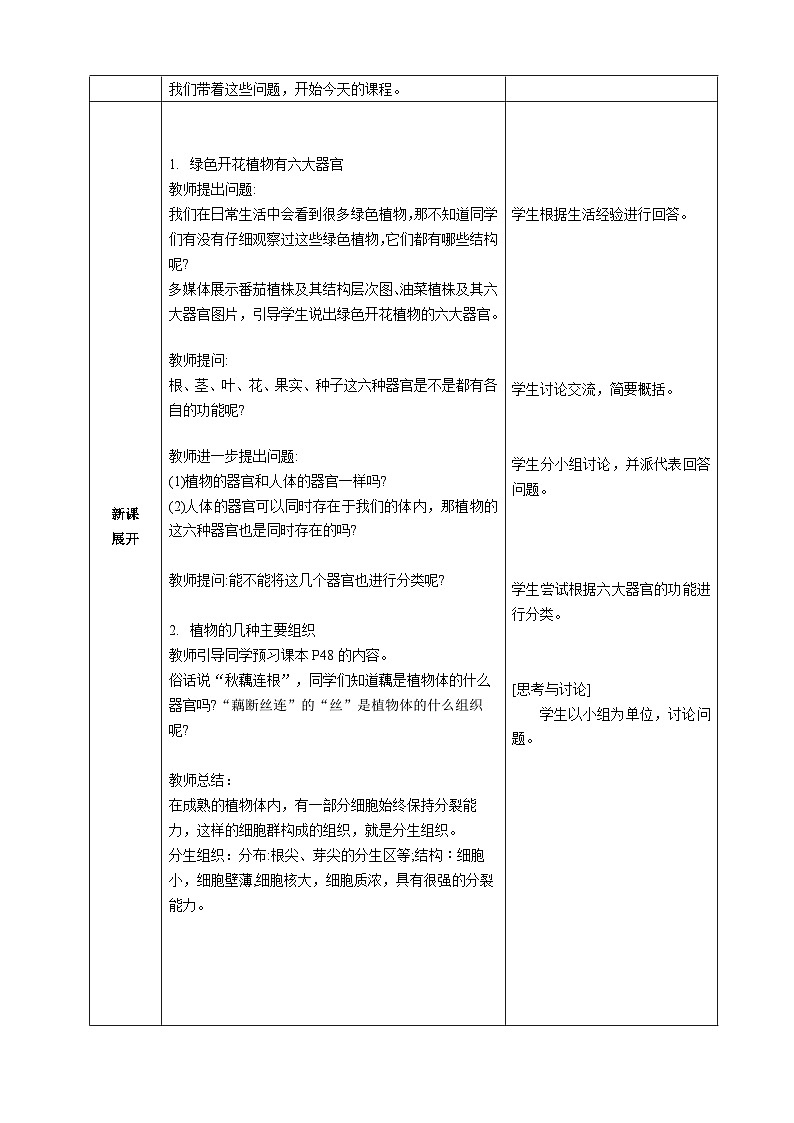 第一单元生物和细胞第三章从细胞到生物体第三节植物体的结构层次核心素养教案2024新人教版生物七年级上册02