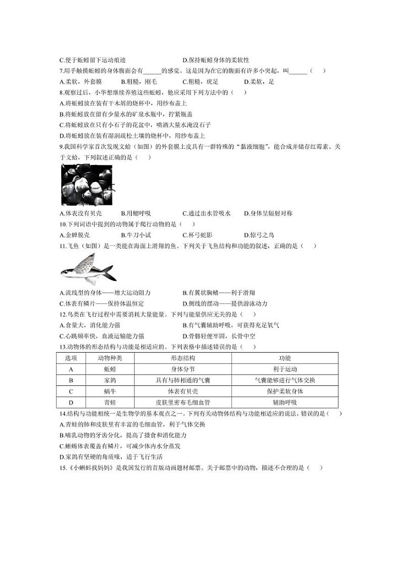 [生物]山西省大同市第一中学校2024～2025学年八年级上学期学业水平质量检测试题(有答案)第2页