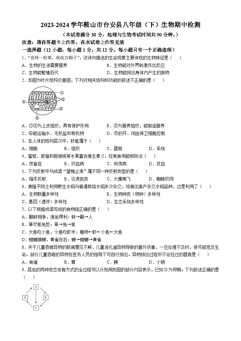 辽宁省鞍山市台安县2023-2024学年八年级下学期期中生物学试题01