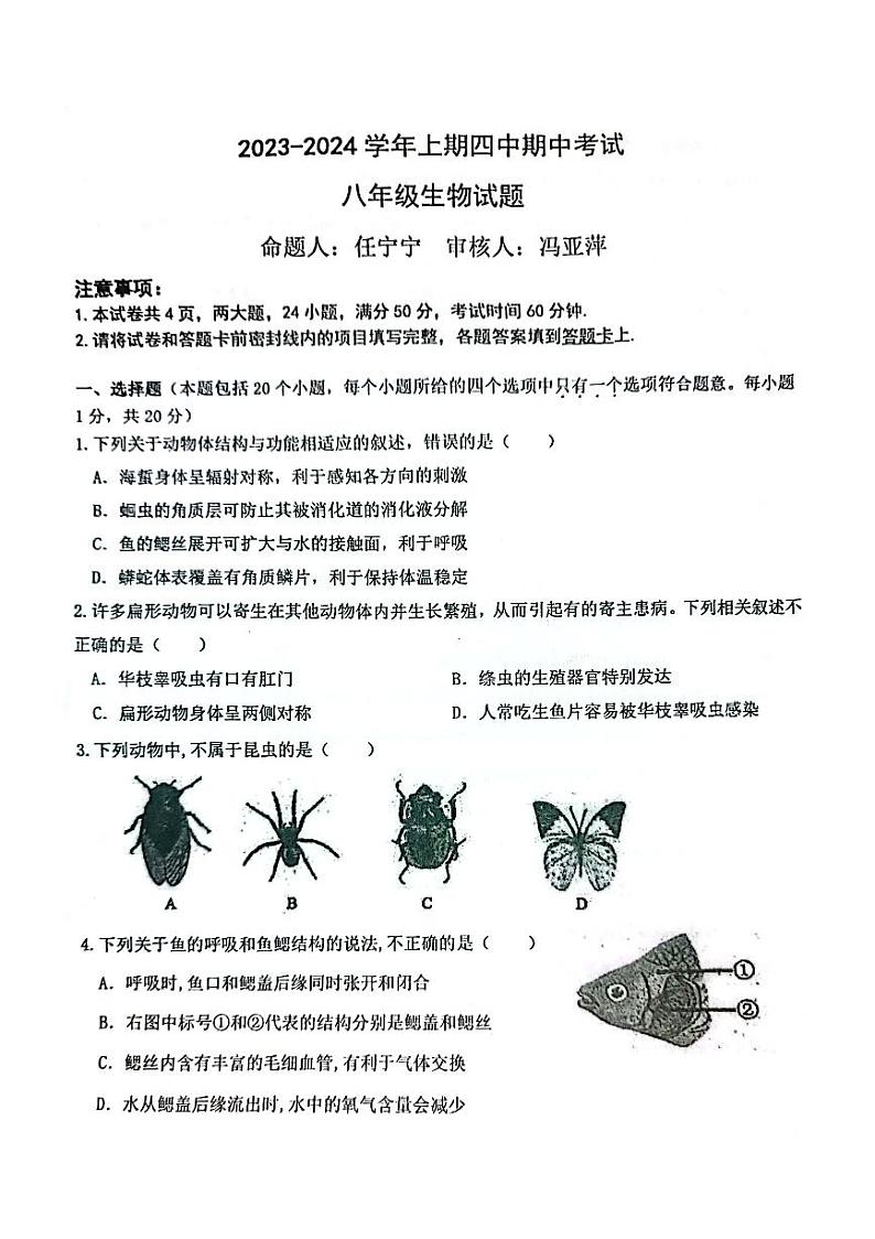 2023-2024郑州四中八上期中生物试卷及答案01