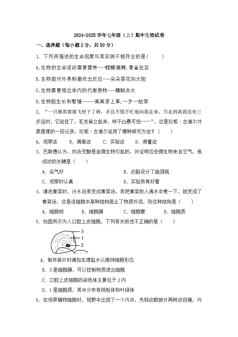 山东省德州市宁津县王铎中学2024--2025学年七年级上学期期中测试生物试卷第1页