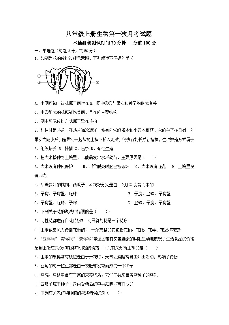 山东省庆云县东辛店中学2024-2025学年八年级上学期第一次月考生物试题第1页