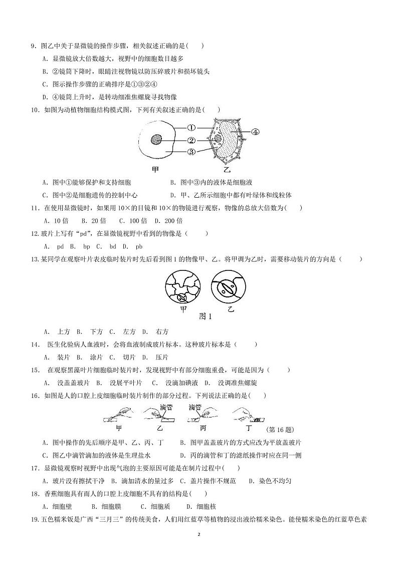 山东省聊城市实验中学2024-2025学年七年级上学期第一次学情调研生物试题第2页