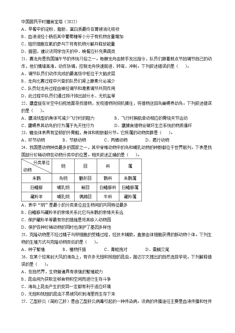2024年贵州省贵阳市中考生物试题02