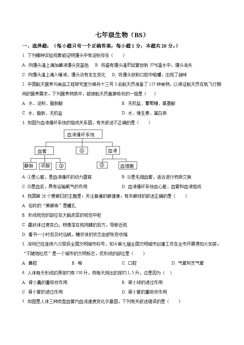 精品解析：河南省驻马店市确山县2022-2023学年七年级5月月考生物试题（原卷版）第1页