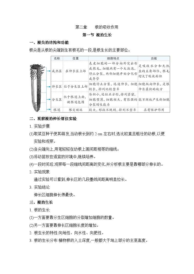 冀少版八年级生物上册第二章根的吸收作用知识点学案01
