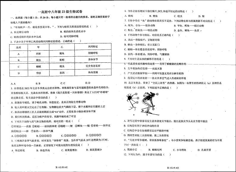 河南省南阳市淅川县第一高级中学附属学校2024-2025学年八年级上学期10月月考生物试题第1页