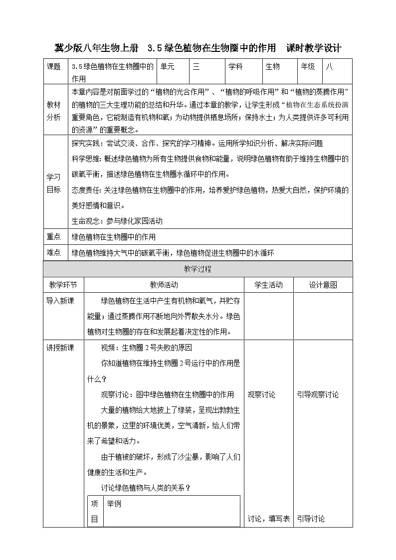 【新课标】冀少版生物八上3.5《绿色植物在生物圈中的作用》教案第1页