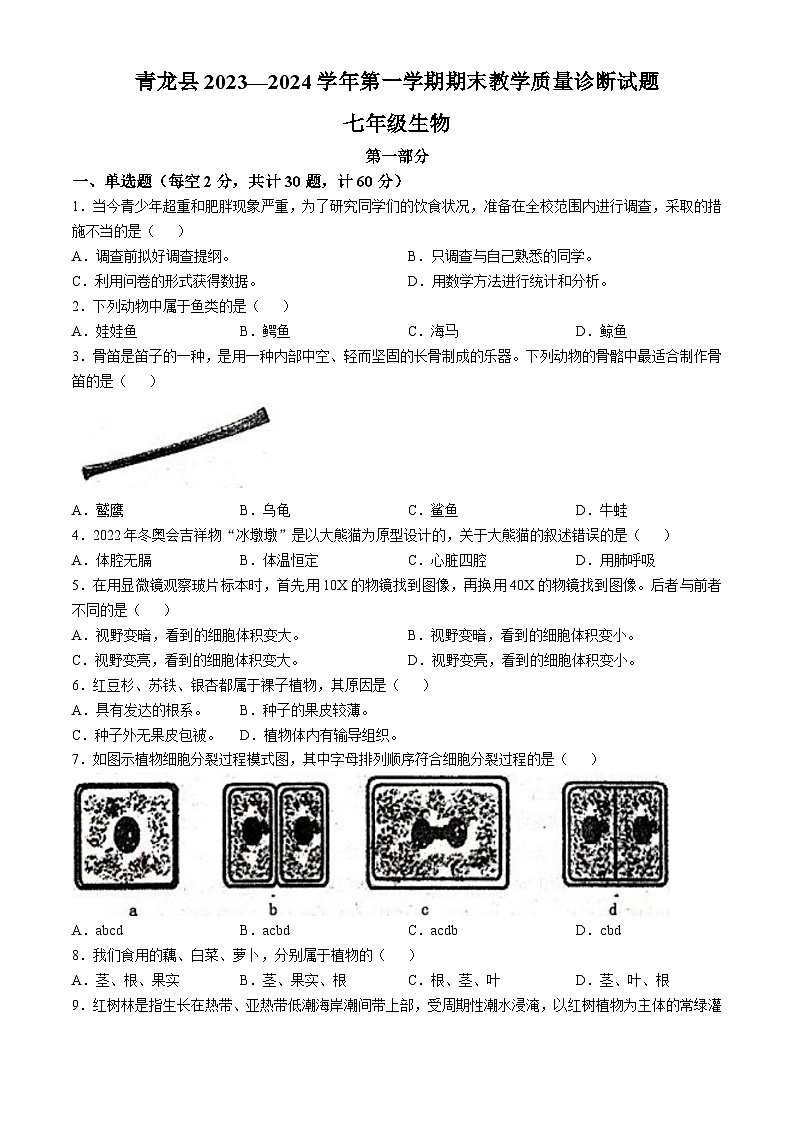 河北省秦皇岛市青龙满族自治县2023-2024学年七年级上学期期末生物学试题第1页