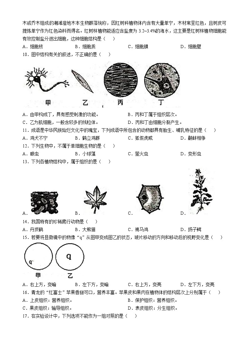 河北省秦皇岛市青龙满族自治县2023-2024学年七年级上学期期末生物学试题第2页