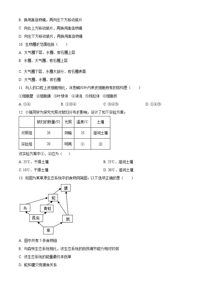 河北省唐山市遵化市2023-2024学年七年级上学期期中生物试题（原卷版）第3页