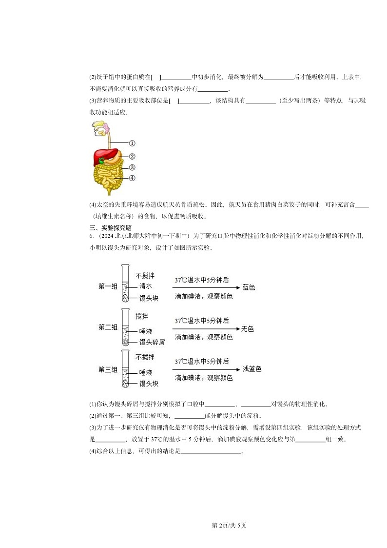 2024北京重点校初一下学期期中真题生物分类汇编：消化和吸收第2页