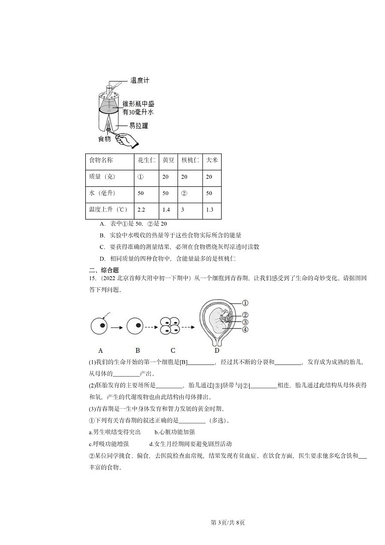 2022～2024北京重点校初一下学期期中真题生物分类汇编：食物中的营养物质第3页