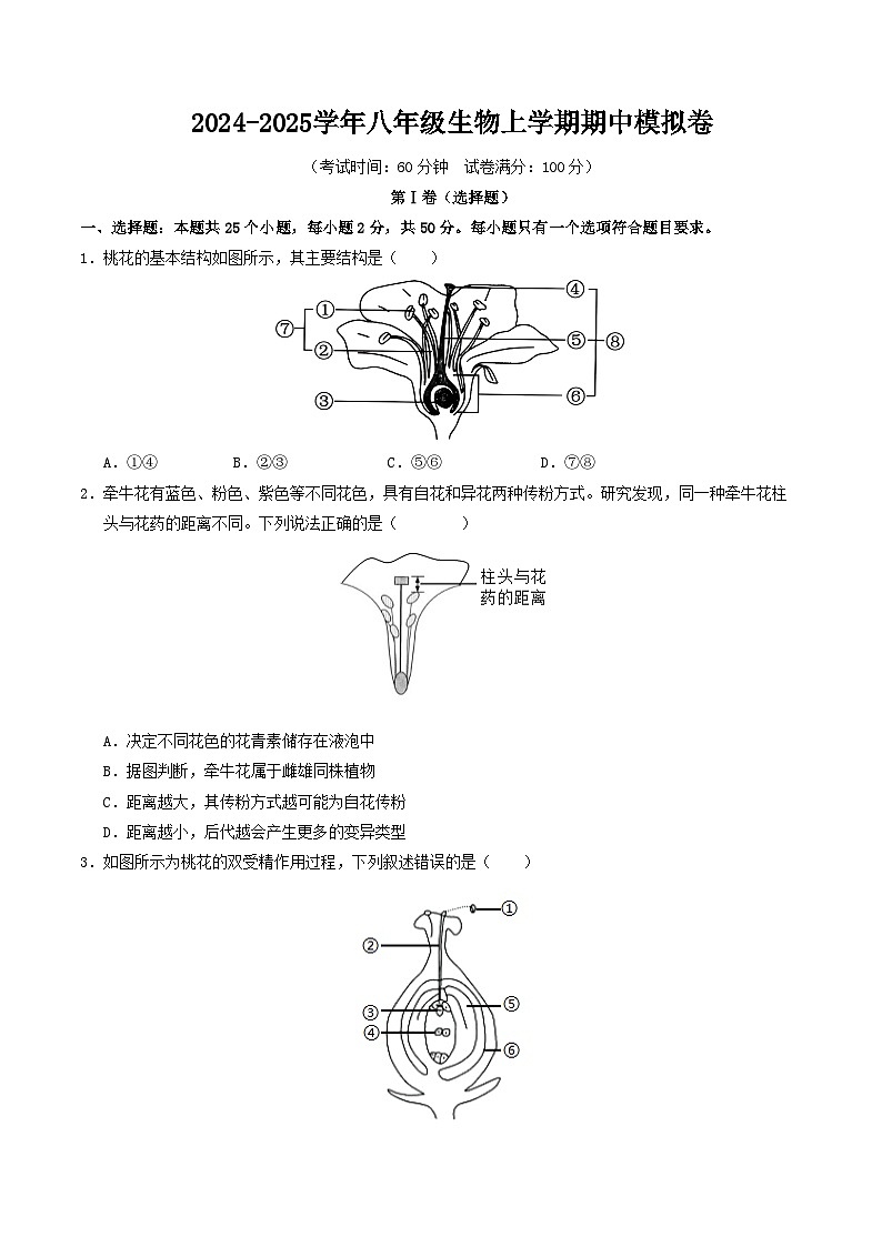 八年级生物期中模拟卷【测试范围：前两章】（考试版A4）（济南版）第1页