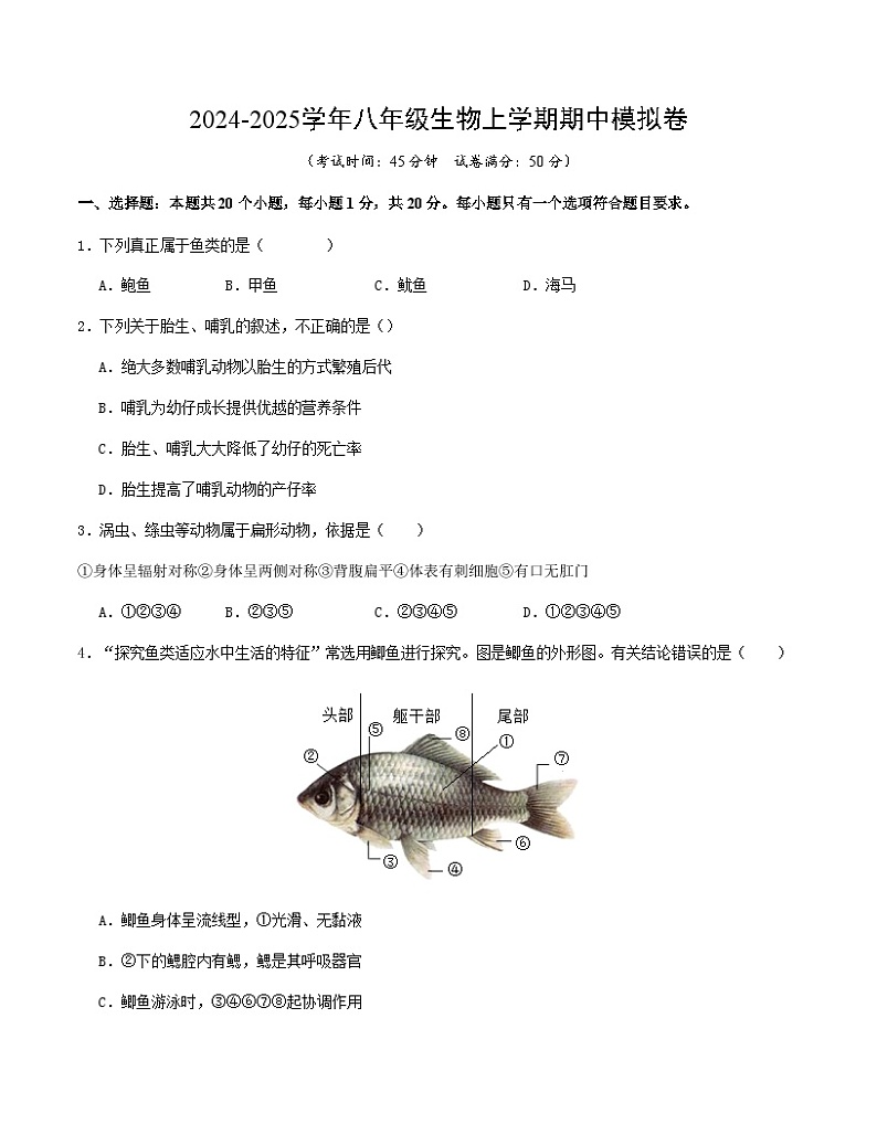 八年级生物期中模拟卷（考试版A4）【测试范围：第1-5章】（重庆专用）第1页