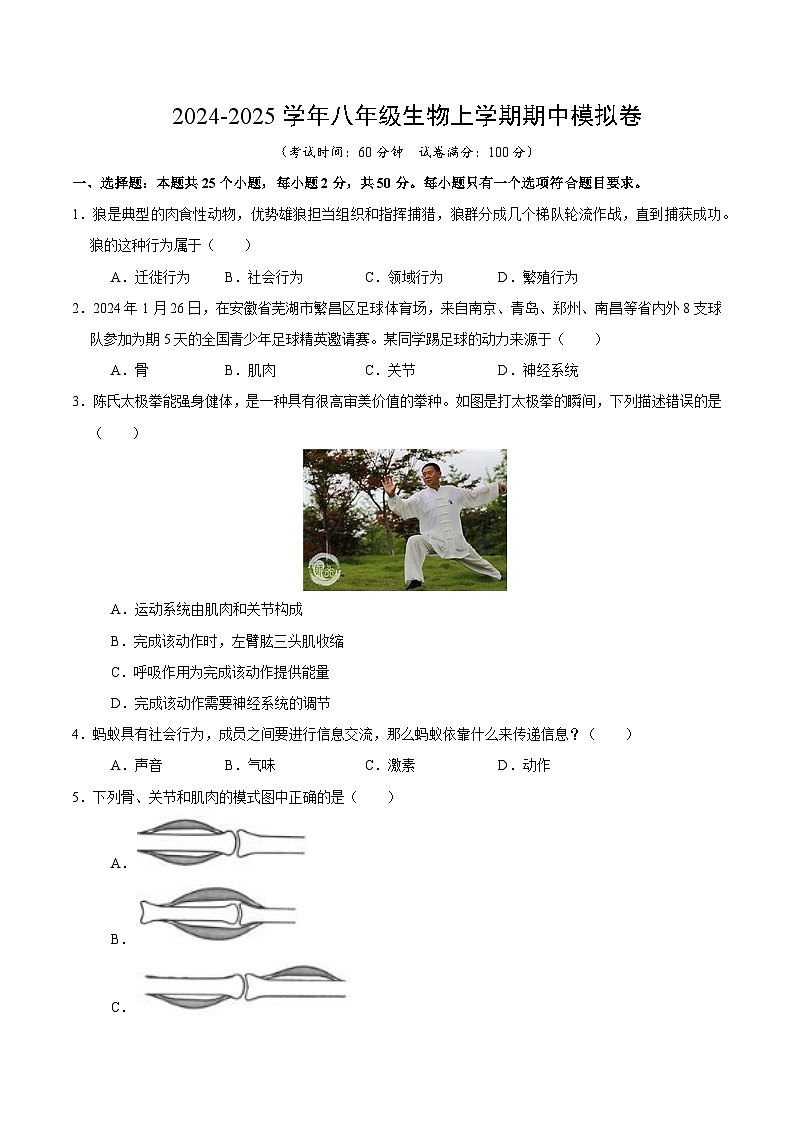八年级生物期中模拟卷（考试版A4）（北京版）第1页