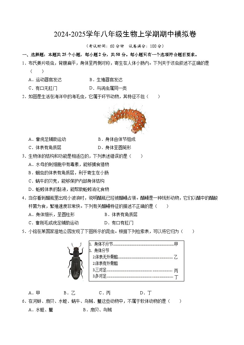 八年级生物期中模拟卷（考试版A4）（湖南专用）第1页