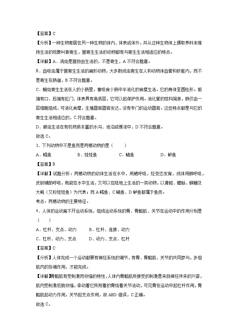 八年级上学期期中生物模拟卷（解析版）（鲁科版五四学制）第2页