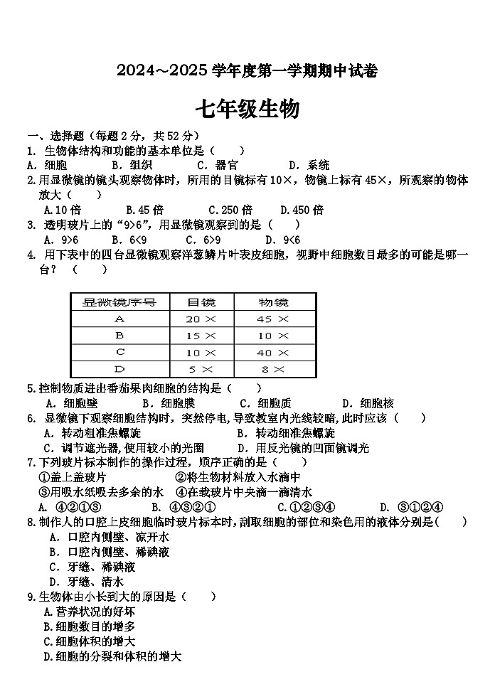甘肃省白银市2024-2025学年七年级上学期期中生物试题01