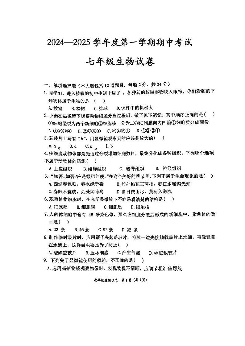 甘肃省定西市安定区城区联考2024-2025学年七年级上学期10月期中生物试题01