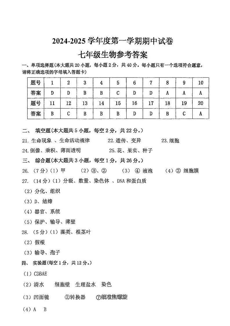 甘肃省定西市临洮县2024-2025学年七年级上学期10月期中生物试题01
