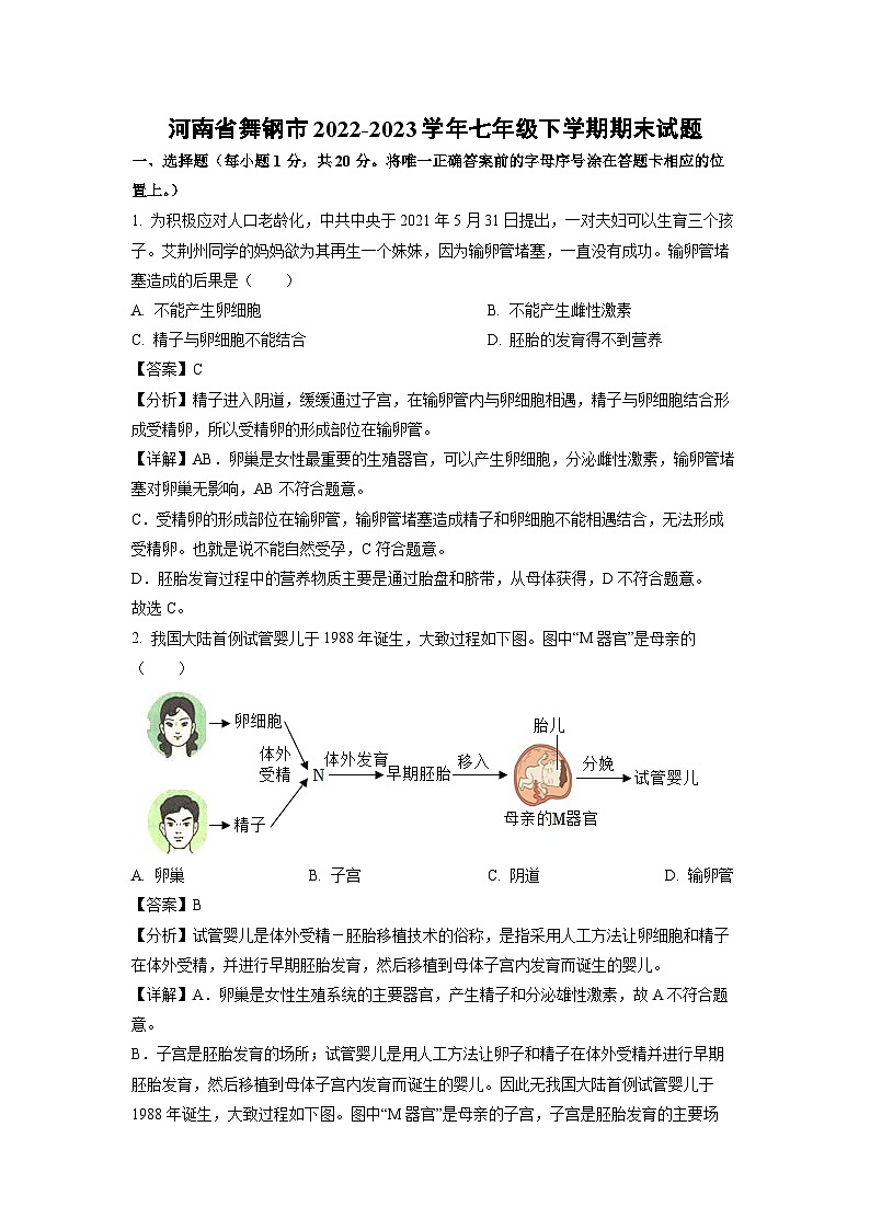 河南省舞钢市2022-2023学年七年级下学期期末生物试卷（解析版）第1页