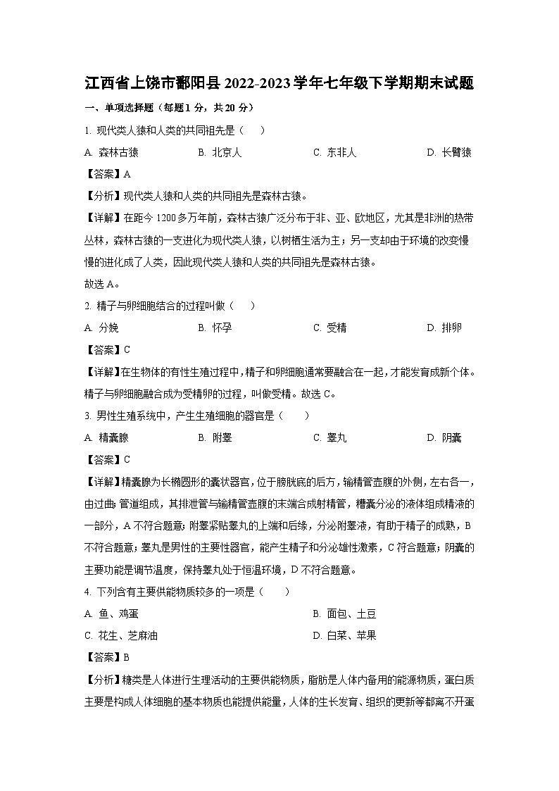 江西省上饶市鄱阳县2022-2023学年七年级下学期期末生物试卷(解析版)第1页