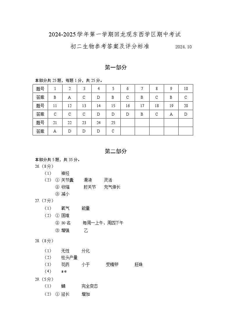 2024-2025学年第一学期回龙观东西北京市昌平区东西学区期中考试初二生物答案第1页
