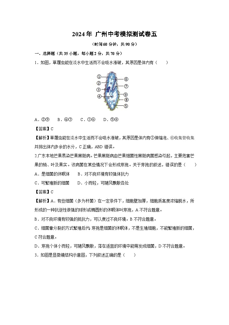 2024年 广州中考模拟测五生物试卷(解析版)第1页