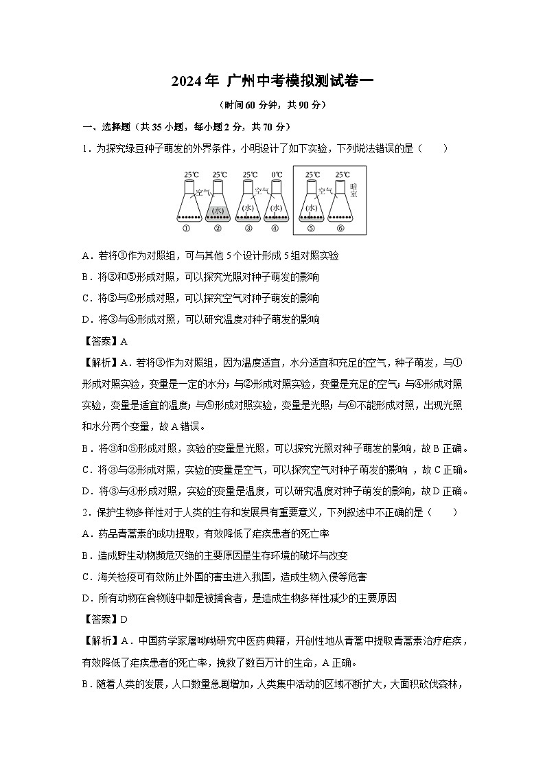 2024年 广州中考模拟测一生物试卷(解析版)第1页